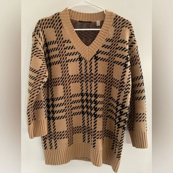 T Tahari V Neck Knit Sweater in Tan and Black Striped Pattern size XS - Picture 1 of 7